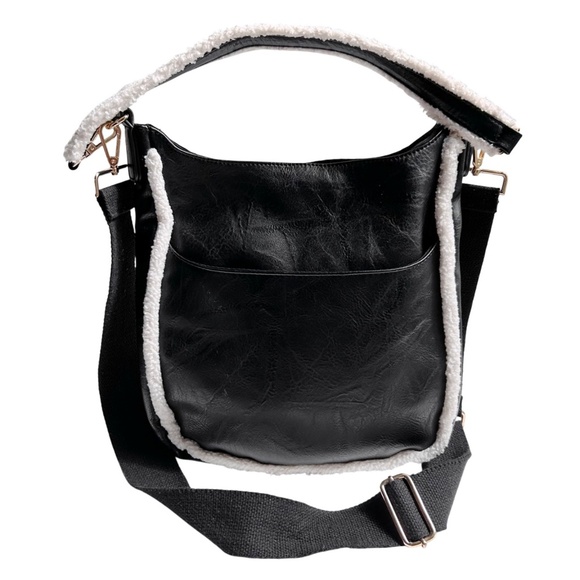 Ah-Dorned Sherpa Trim Vegan Leather Crossbody Shoulder Bag - Picture 1 of 12